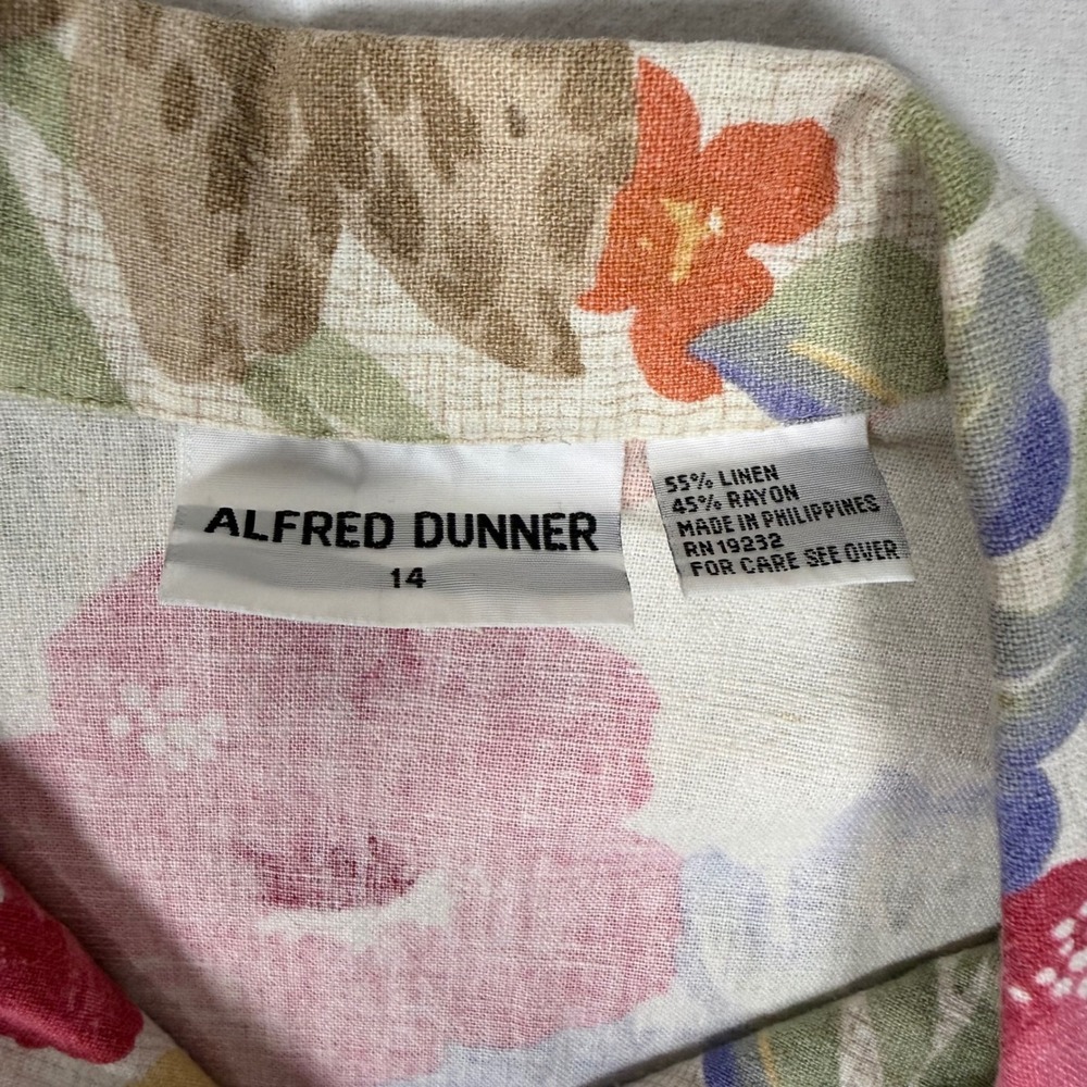 Alfred Dunner vintage Floral Linen Blend Button Down Shirt Tropical Hawaiian 14 - Picture 2 of 6
